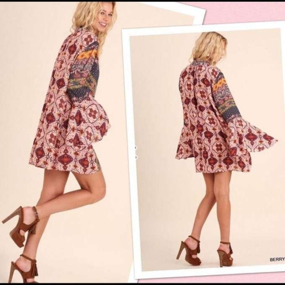 UMGEE bohemian flare sleeves paisley front tie mini dress M